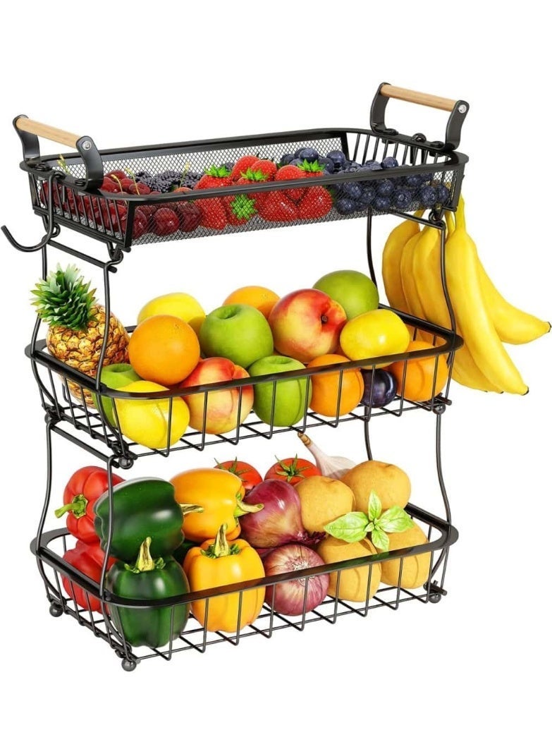 3 Tier Metal Mesh Fruit Vegetable Basket with 2 Banana Hangers - Kitchen Countertop Produce Organizer for Onion Potato Bread Snack（36.8×21.8×45cm） - Image 1